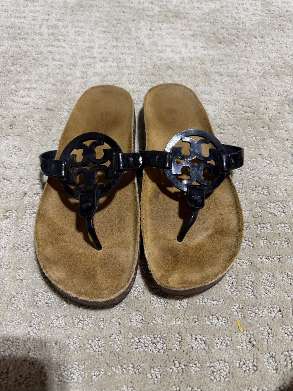 Tory Burch Black Logo Thong Sandals with Tan Footbed